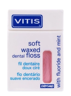 DENTAID Нить межзубная в твердой упаковке Vitis Waxed Dental Floss with Fluoride and Mint 50 м