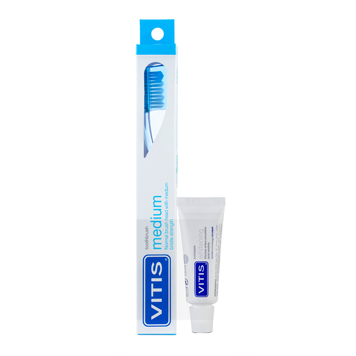 DENTAID Щётка зубная в твердой упаковке Vitis Medium + Зубная паста Vitis Whitening 15 мл