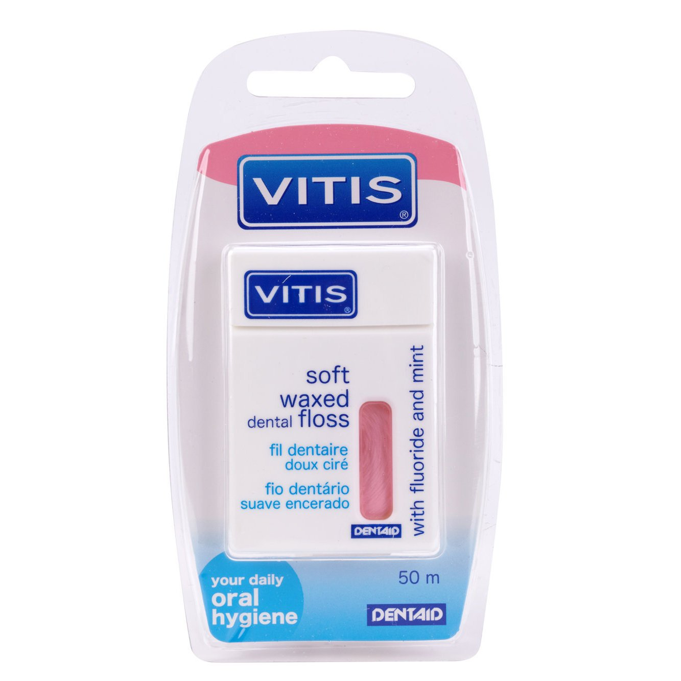 DENTAID Нить межзубная в твердой упаковке Vitis Waxed Dental Floss with Fluoride and Mint 50 м