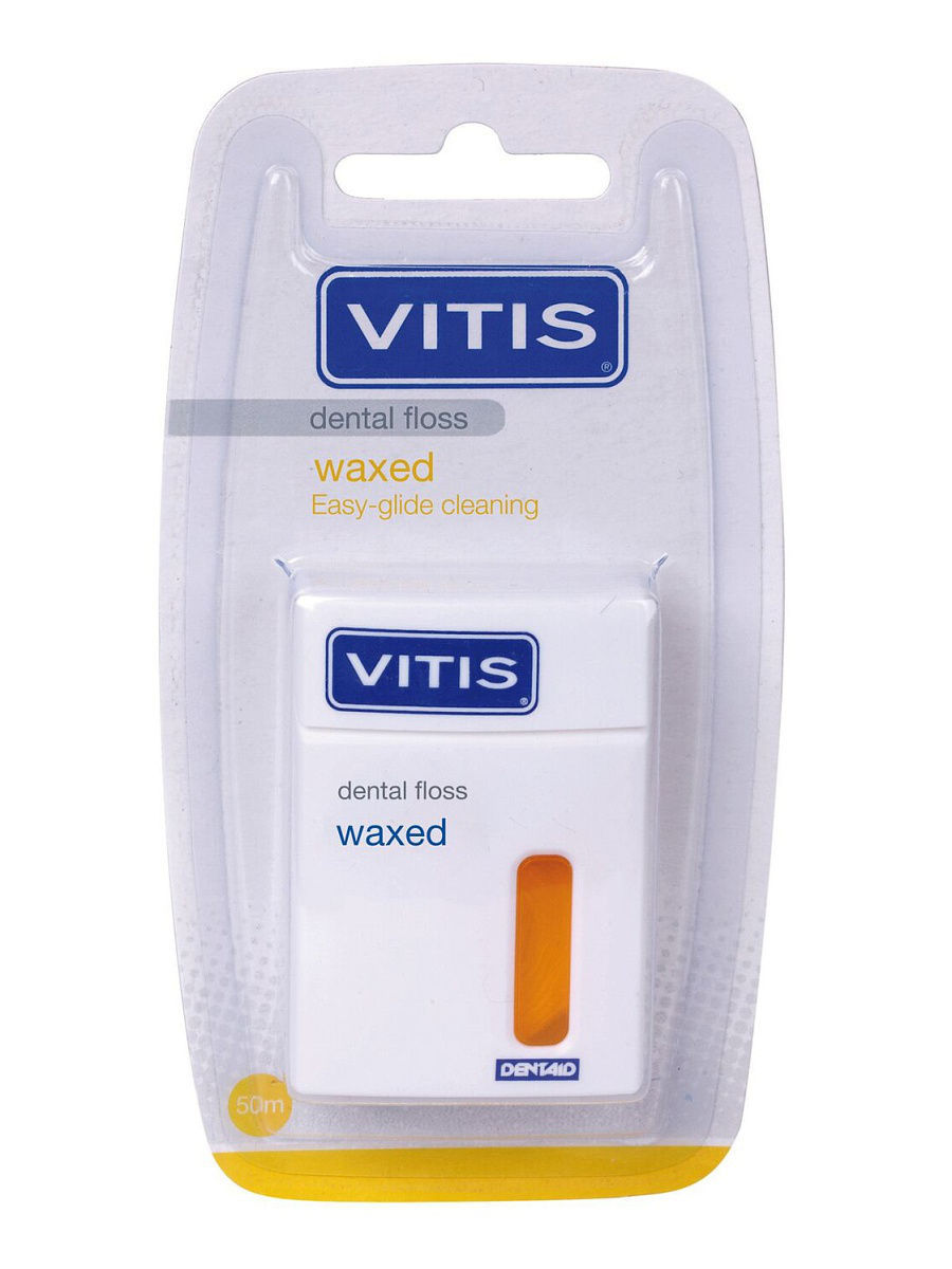 DENTAID Нить межзубная желтая в твердой упаковке Vitis Waxed Dental Floss 50 м