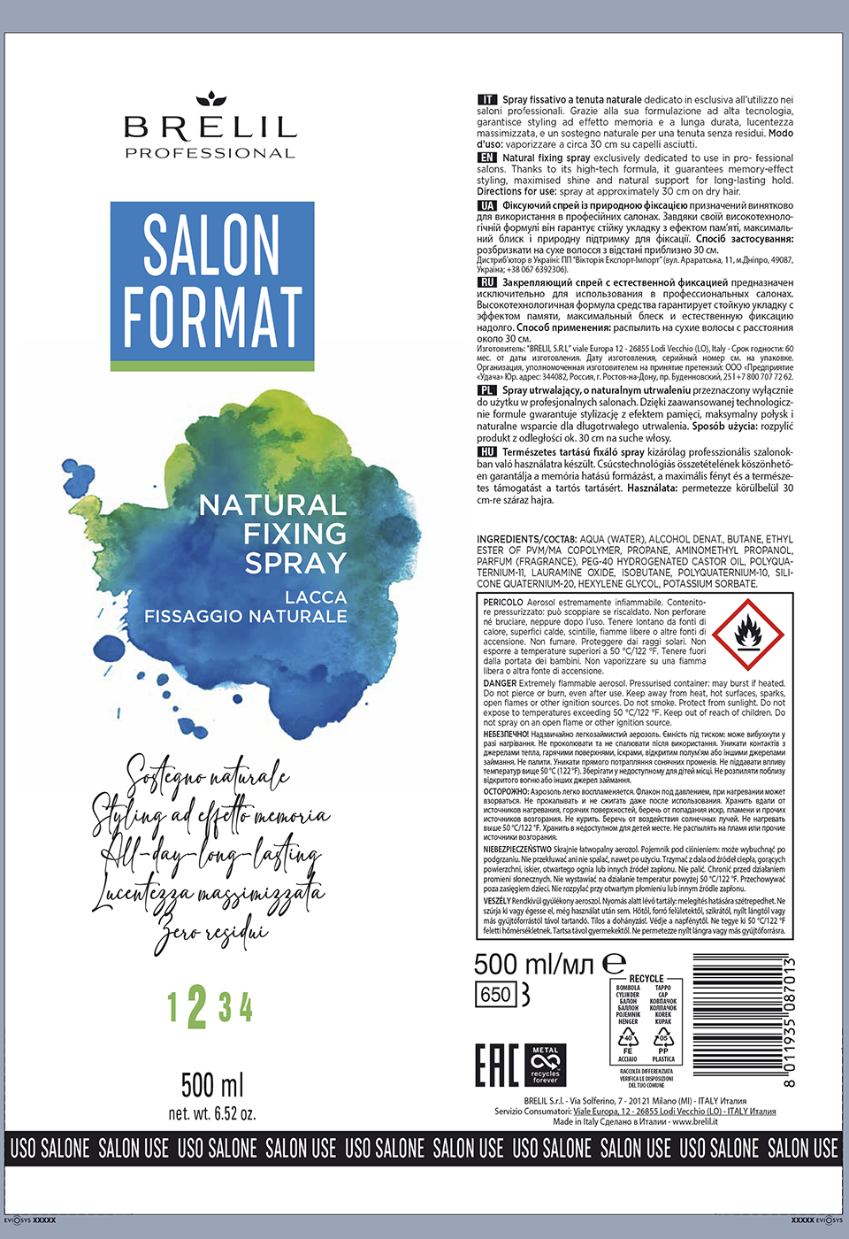 BRELIL PROFESSIONAL Спрей закрепляющий с естественной фиксацией / SALON FORMAT 500 мл, фото 2