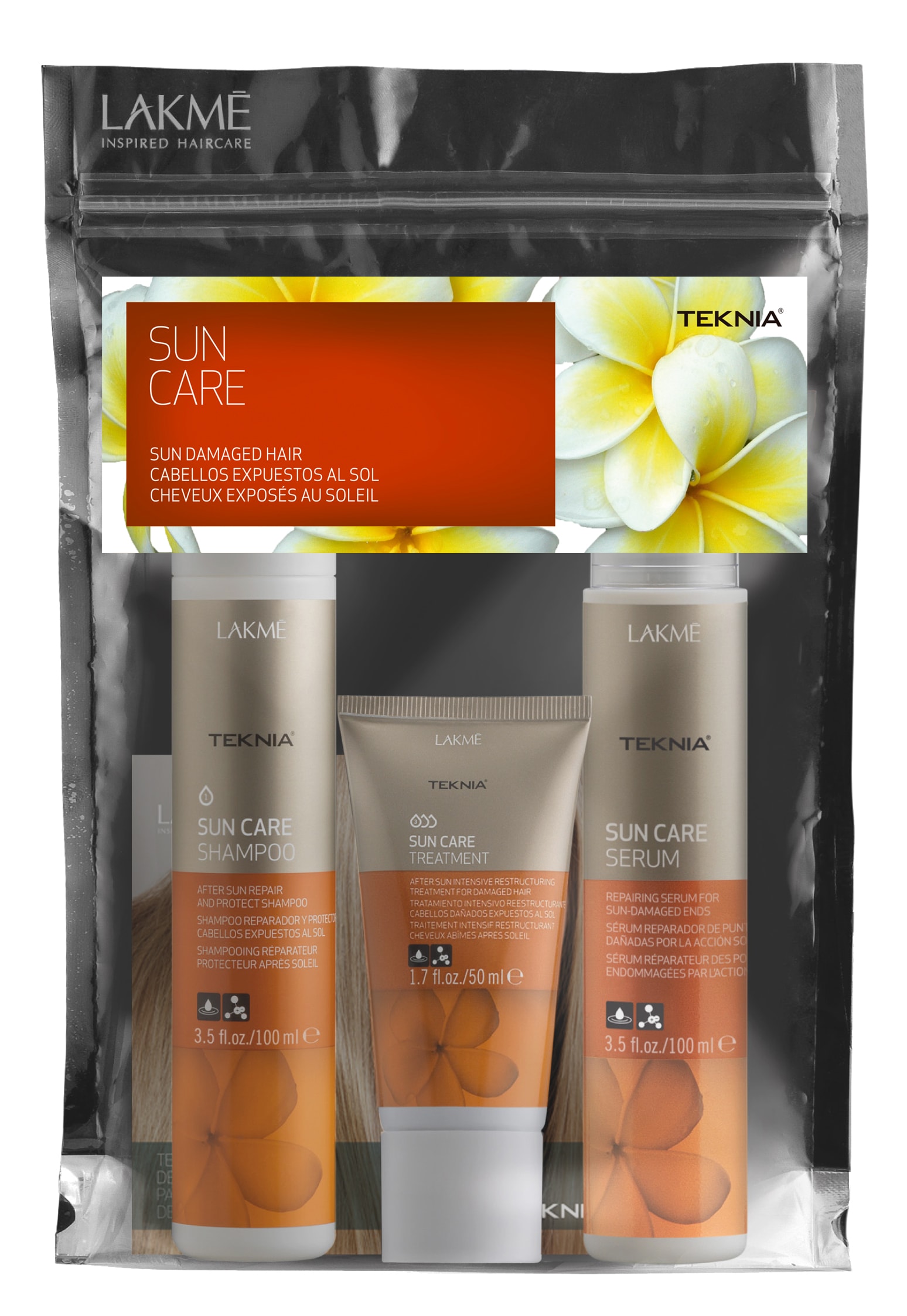 LAKME Набор для поврежденных солнцем волос (шампунь 100 мл, сыворотка 100 мл, маска 50 мл) Teknia Sun Care Travel Pack