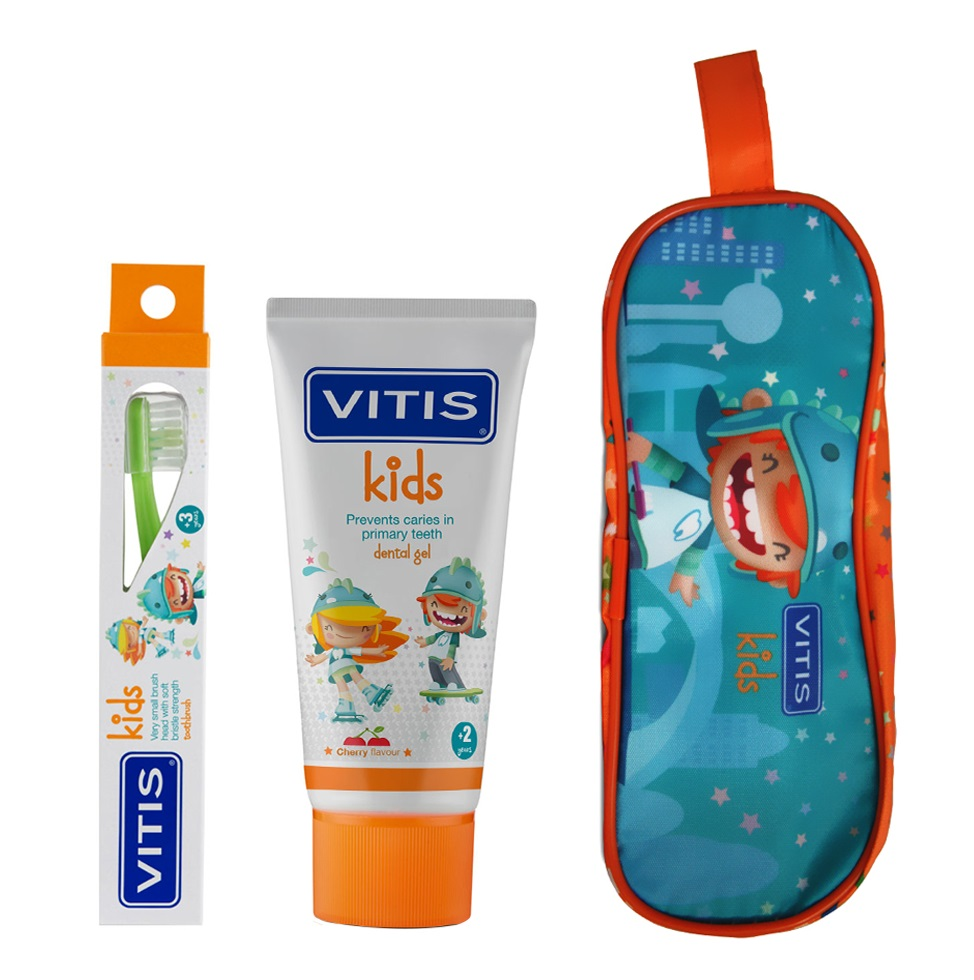 DENTAID Набор детский в мягком пенале (зубная паста 50 мл, зубная щетка очень мягкая) Kids Kit набор щетка и термобрашинг dewal