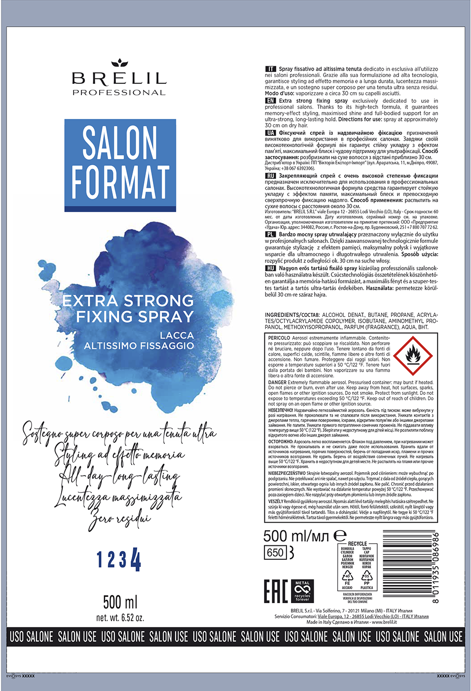 BRELIL PROFESSIONAL Спрей закрепляющий с очень высокой степенью фиксации / SALON FORMAT 500 мл, фото 2