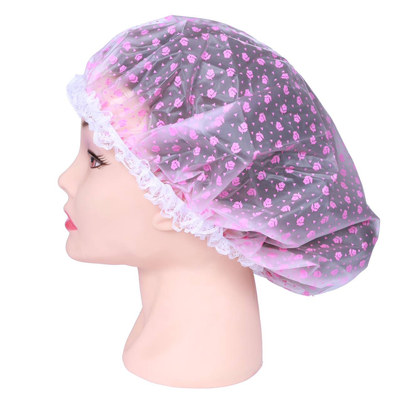 DEWAL BEAUTY Шапочка для душа с кружевом, белая с розовыми цветами, фото 2
