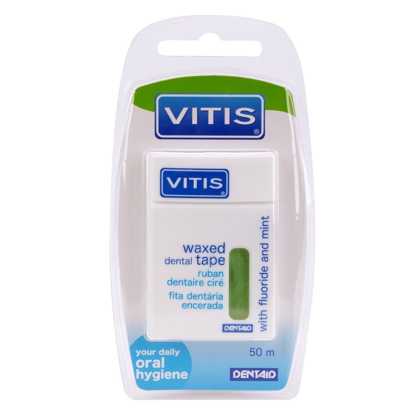 DENTAID Нить межзубная в твердой упаковке Vitis Waxed Dental Tape with Fluoride and Mint 50 м