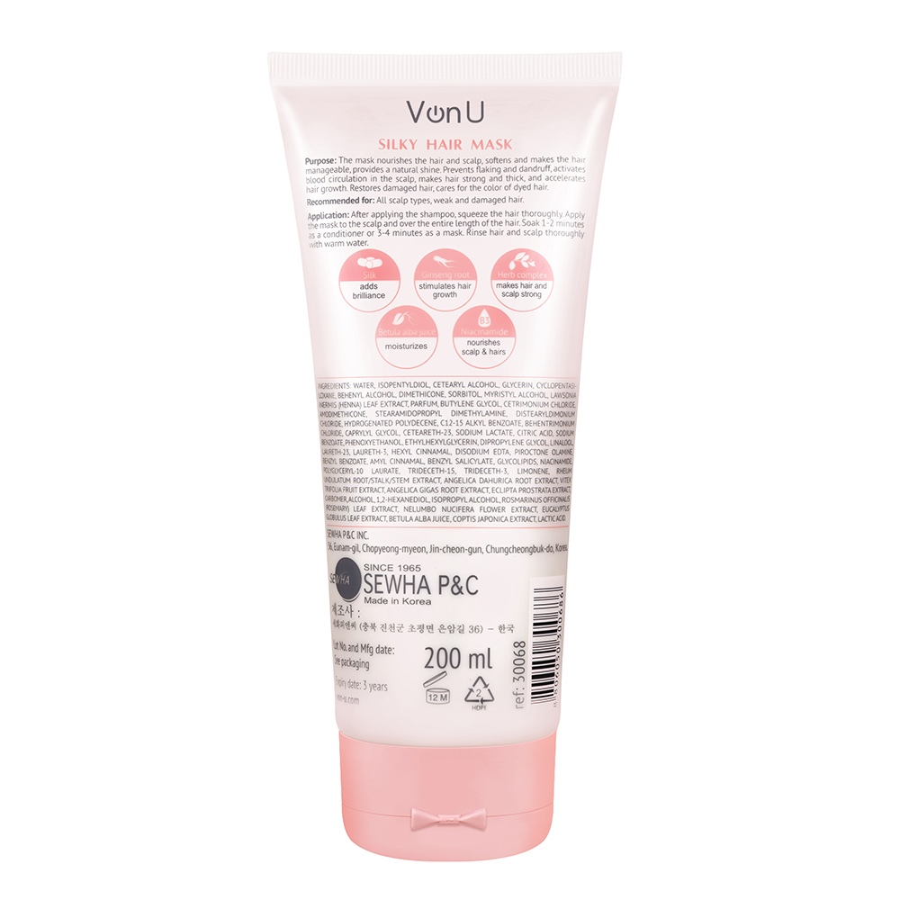 VON-U Маска для ослабленных и поврежденных волос Шелк для волос 5 в 1 / Silky Hair Mask 200 мл, фото 2