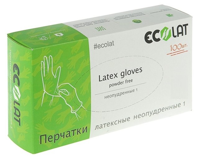 

ECOLAT Перчатки латексные неопудренные, белые, размер M / 1 EcoLat 100 шт