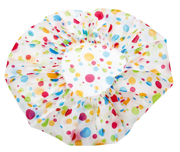 DEWAL BEAUTY Шапочка для душа без кружева, белая с цветным горохом, фото 3