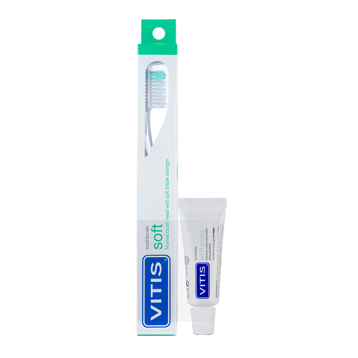 DENTAID Щётка зубная в твердой упаковке Vitis Soft/souple + Зубная паста Vitis Whitening 15 мл dentaid паста зубная vitis anticaries 15 мл