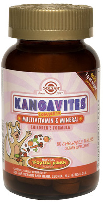 SOLGAR Кангавитес с мультивитаминами и минералами со вкусом тропических фруктов для детей, жевательные таблетки № 60