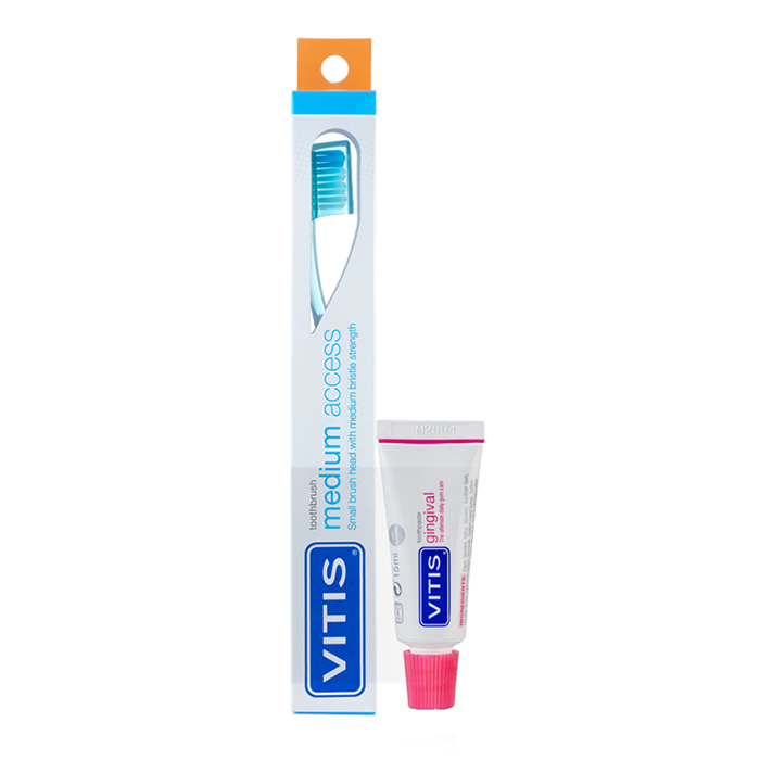 DENTAID Щётка зубная в твердой упаковке Vitis Medium Access + Зубная паста Vitis Gingival 15 мл dentaid паста зубная фторсодержащая halita 75 мл
