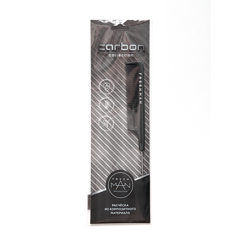 FRESHMAN Расческа для волос с металлическим хвостиком зубчиками одинаковой длины / Collection Carbon, фото 4