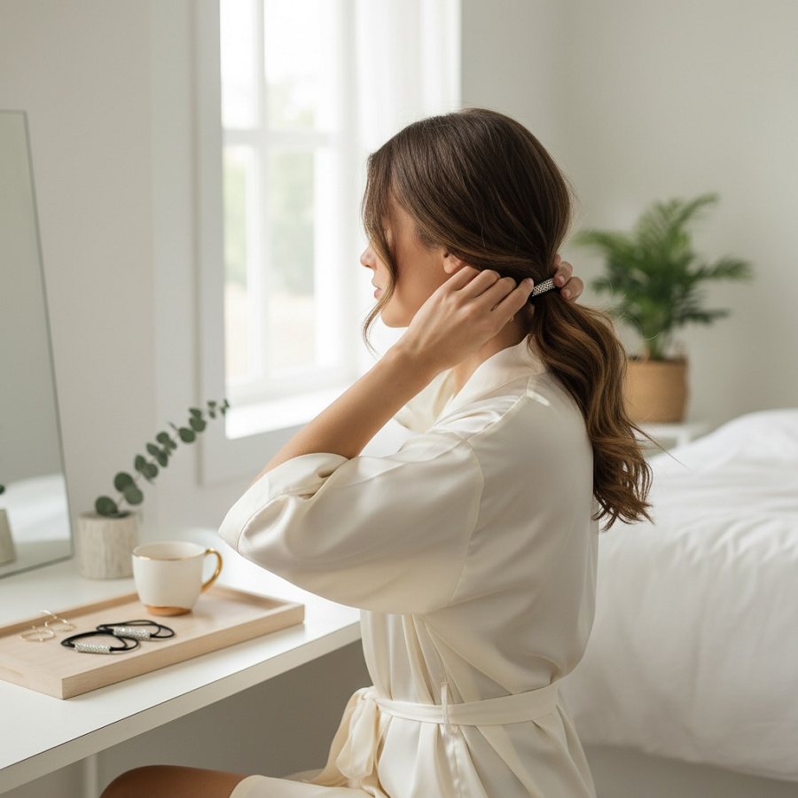 IWOU PROFESSIONAL Резинка-браслет для волос черная с белыми стразами 2шт, фото 3