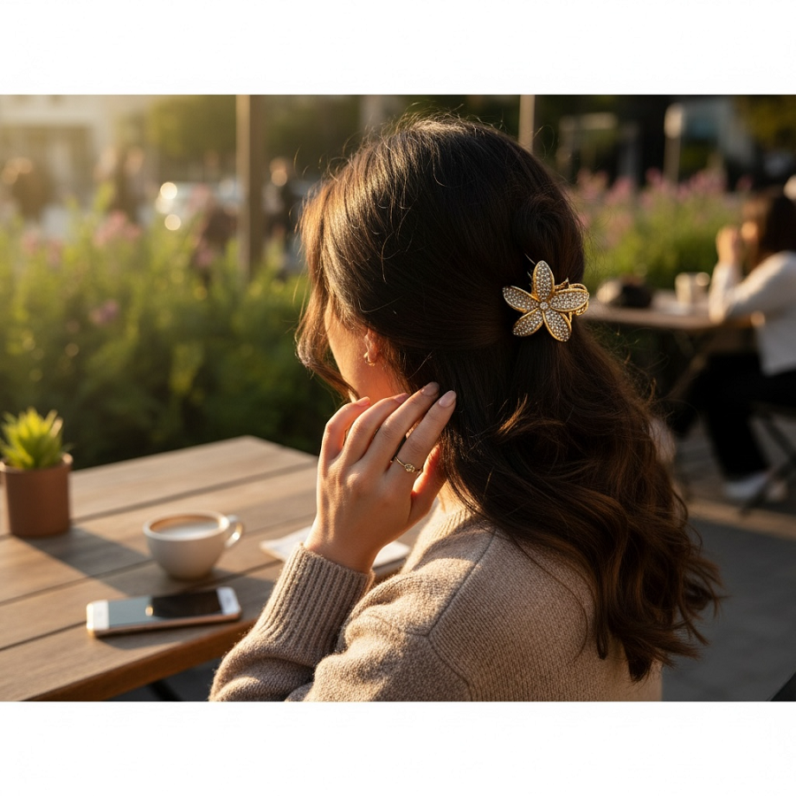 IWOU PROFESSIONAL Краб для волос мини Цветок в стразах золото 1шт, фото 5