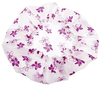 DEWAL BEAUTY Шапочка для душа без кружева, белая с фиолетовыми  цветами, фото 3