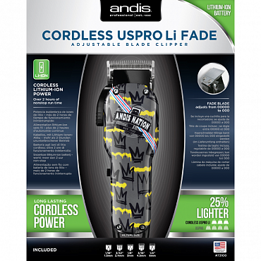 ANDIS Машинка для стрижки волос Cordless US Pro Li Fade Nation 0.2-0.5 мм, аккумуляторно-сетевая, 5 насадок