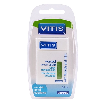 Нить межзубная в твердой упаковке Vitis Waxed Dental Tape with Fluoride and Mint 50 м, DENTAID