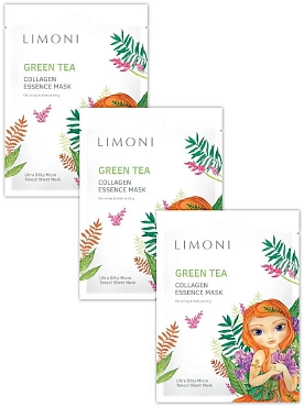 LIMONI Маска тканевая тонизирующая с зеленым чаем и коллагеном для лица / Green tea collagen essence mask Set 3*25 г