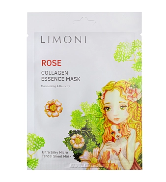 LIMONI Маска для лица успокаивающая с экстрактом розы и коллагеном / Rose Collagen Essence Mask 25 гр