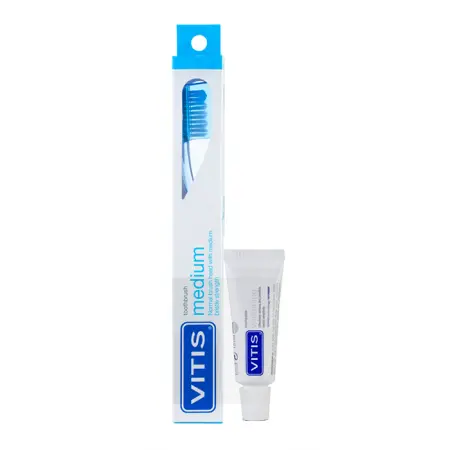 DENTAID Щётка зубная в твердой упаковке Vitis Medium + Зубная паста Vitis Whitening 15 мл - 1
