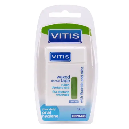 DENTAID Нить межзубная в твердой упаковке Vitis Waxed Dental Tape with Fluoride and Mint 50 м - 1